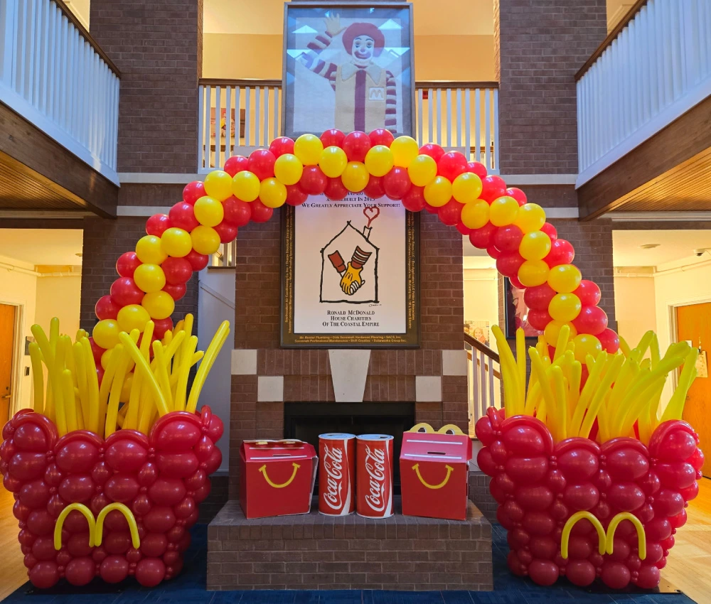 balloon archway and large balloon fries in red fry boxes